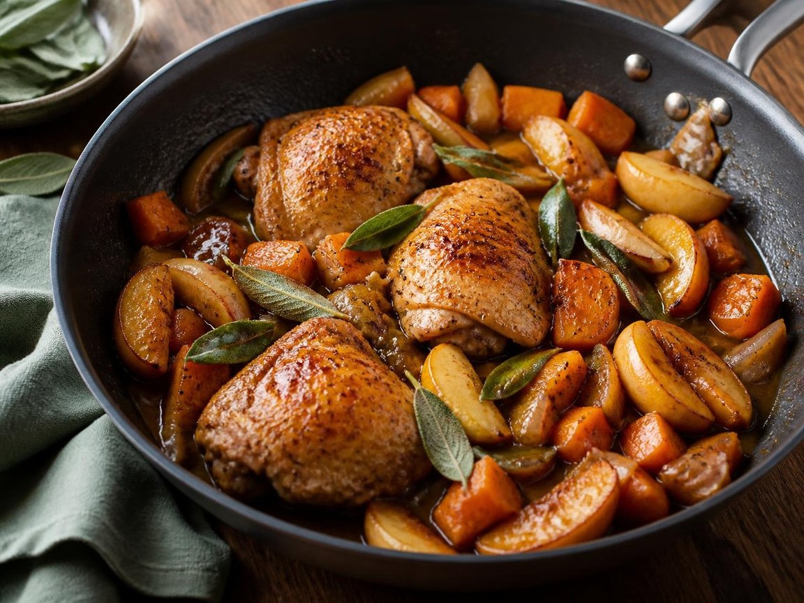 Golden seared chicken thighs in a dark skillet with caramelized apple wedges, sage leaves, butternut squash and a glossy cider pan sauce