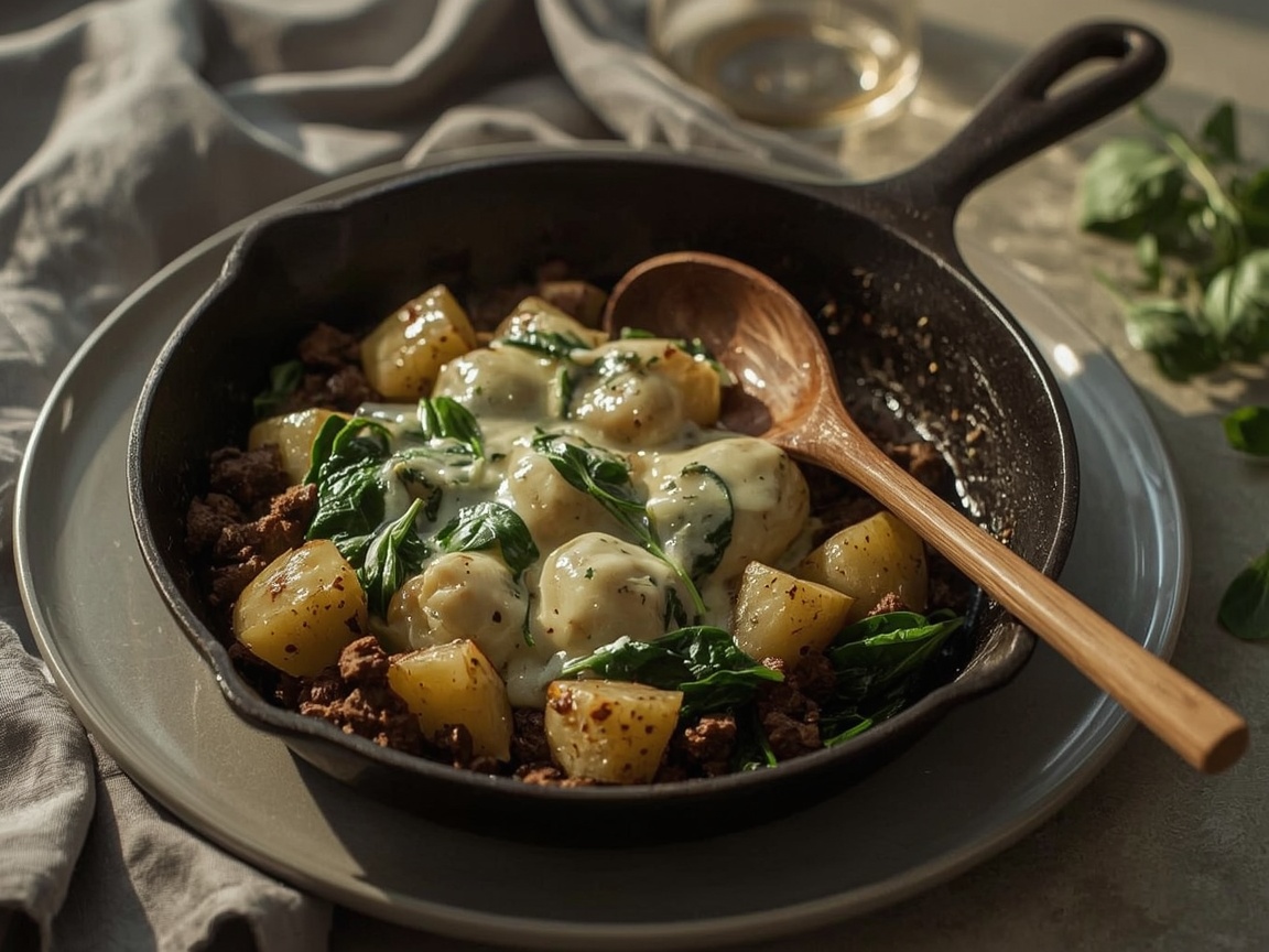 A cast-iron skillet of browned ground beef and halved baby gold potatoes under a thin layer of melted cheddar, thyme leaves on top, a serving spoon in it