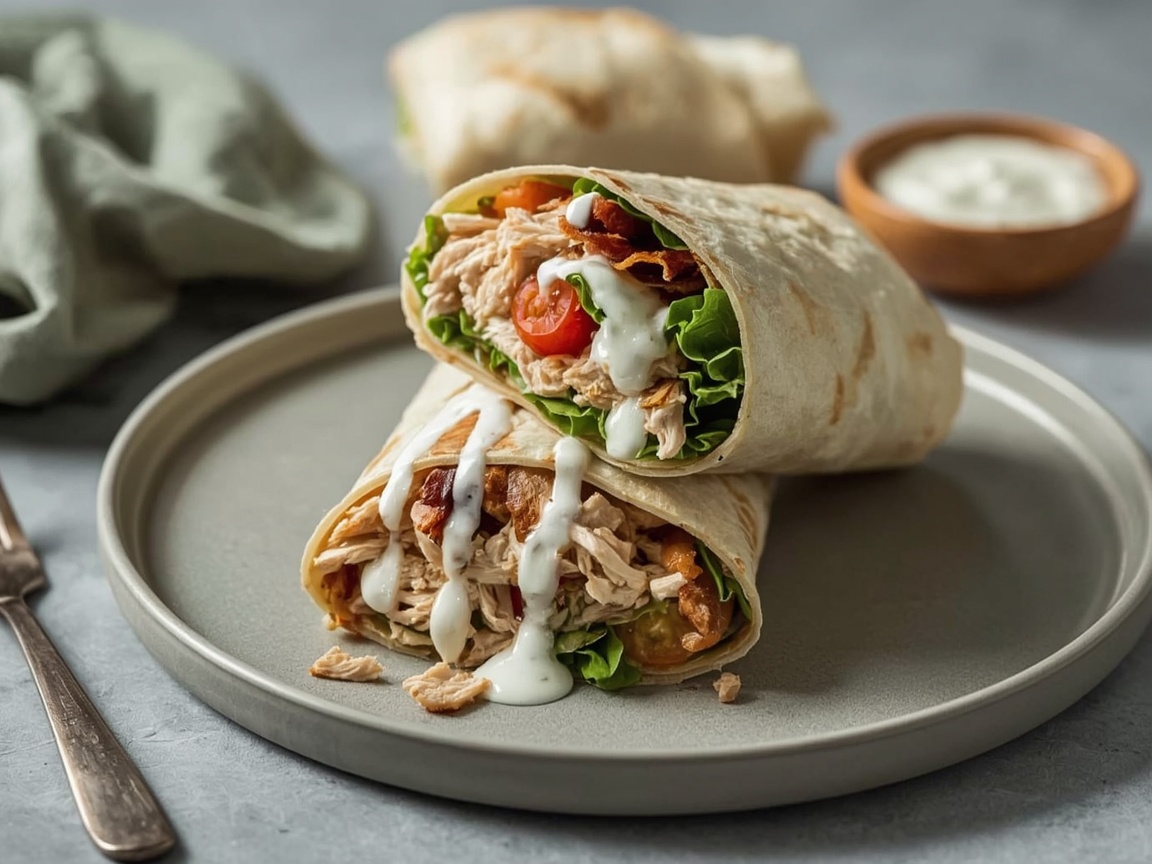 A chicken bacon ranch wrap cut on the diagonal showing chicken, crisp bacon, lettuce and tomato with a creamy drizzle, on a grey plate