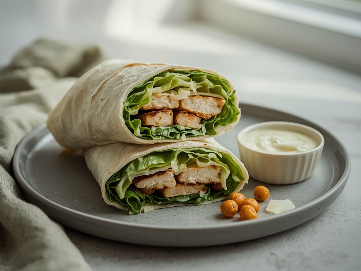 A chicken Caesar wrap cut on the diagonal showing romaine, grilled chicken and shaved Parmesan, on a grey plate with a small bowl of pale dressing