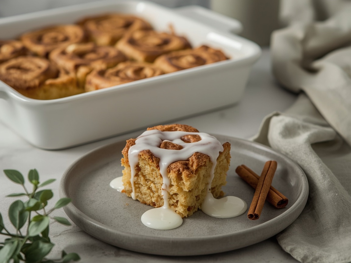 A baking dish of golden cinnamon-swirled bread pudding cut into squares, one square on a plate with a white yogurt glaze drizzled across the top