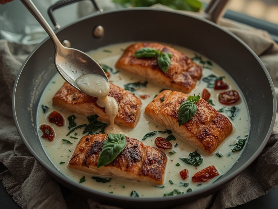 Four seared salmon fillets in a skillet of pale creamy sauce with sun-dried tomatoes and wilted spinach, a spoon lifting sauce over one fillet