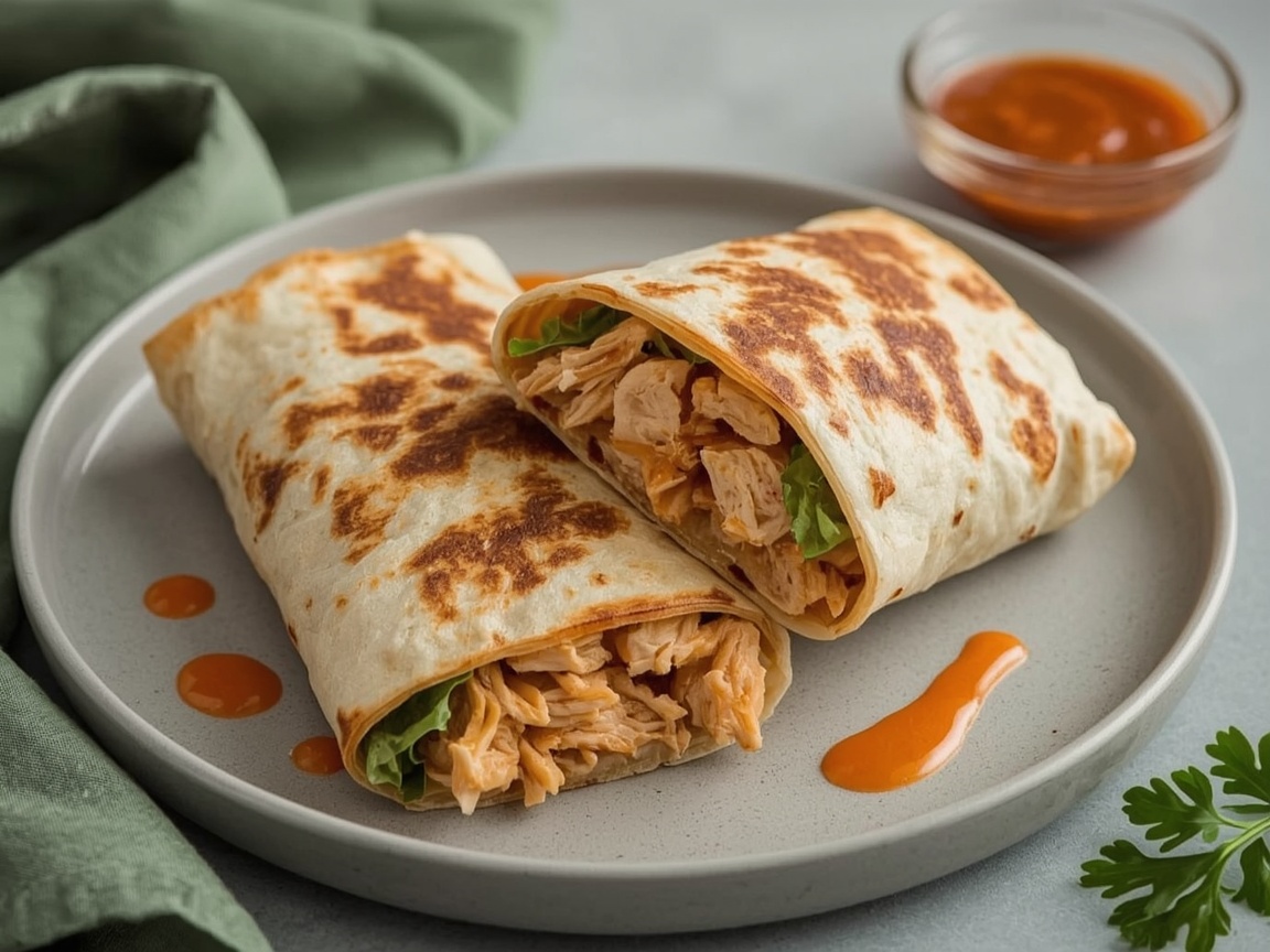 Two golden pan-crisped buffalo chicken wraps cut on the diagonal, shredded chicken and lettuce showing, ranch drizzled over, on a grey plate