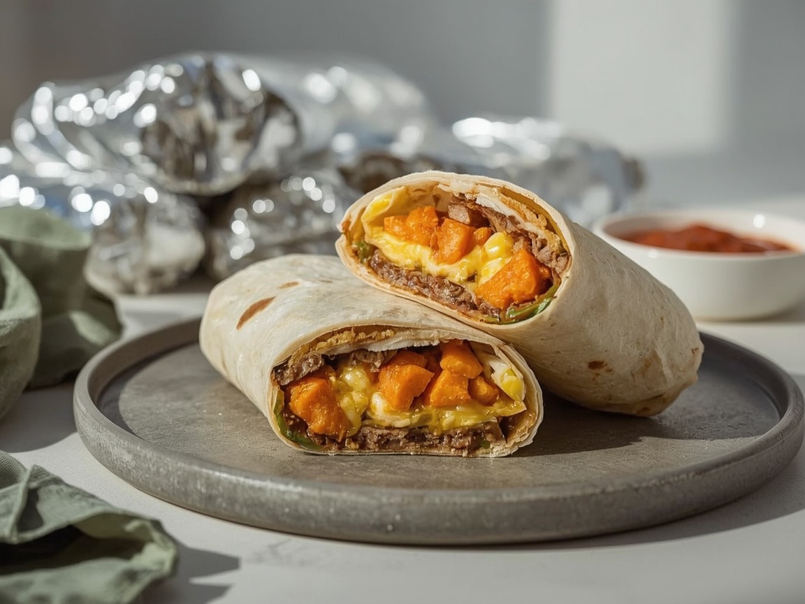 A breakfast burrito cut in half showing scrambled egg, turkey sausage crumbles, sweet potato cubes and melted cheese, stacked on a grey plate with more foil-wrapped burritos behind