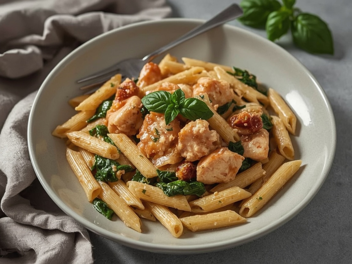 A bowl of penne in a light pink sun-dried tomato Parmesan sauce with seared chicken pieces and wilted spinach, basil on top