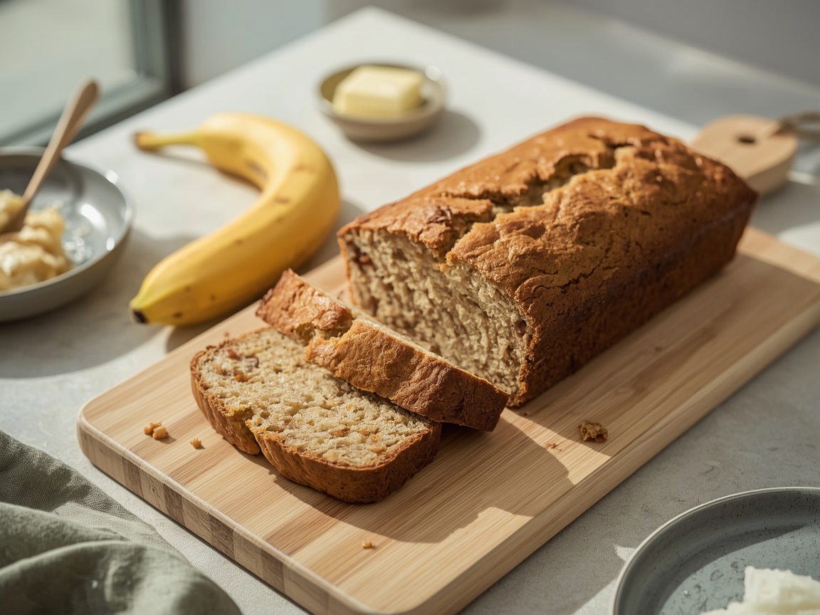 A sliced loaf of golden banana bread on a wooden board, two slices laid flat showing a soft crumb, a banana beside it