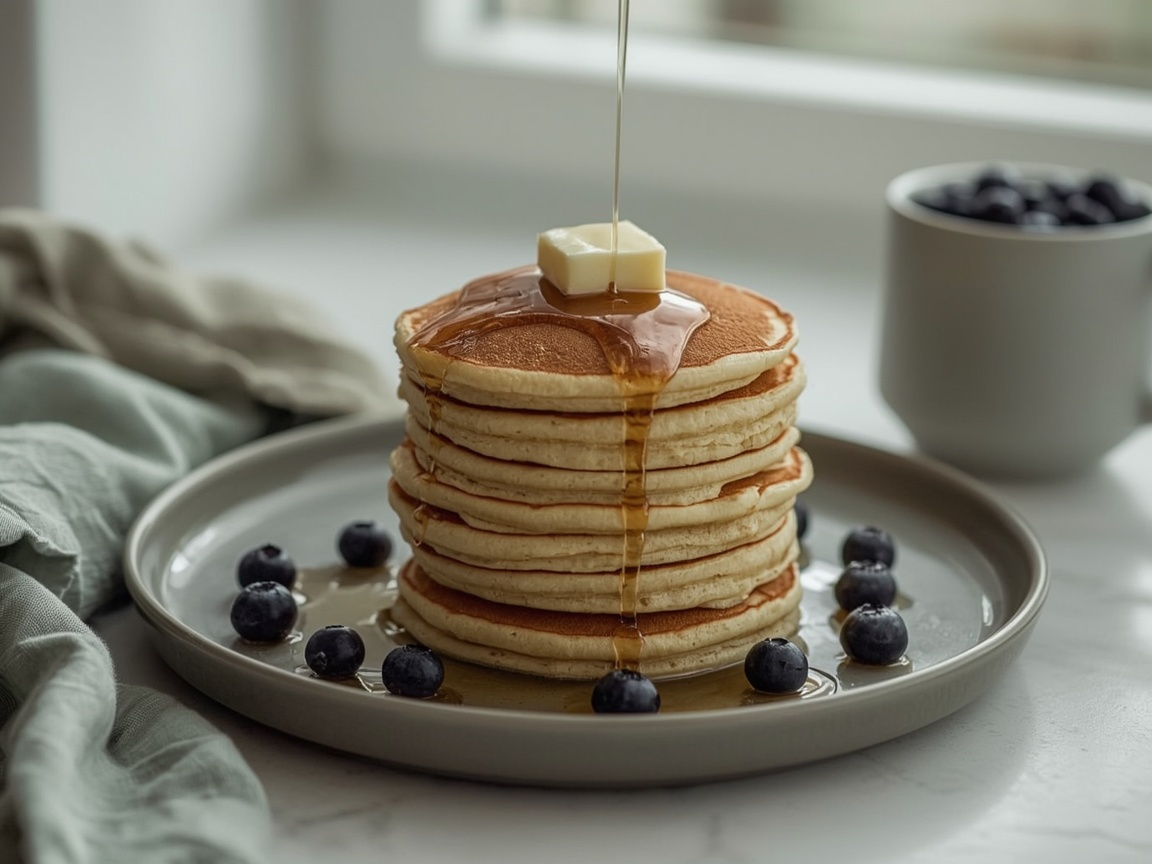 A tall stack of golden pancakes on a grey plate, a pat of butter melting on top, maple syrup running down the sides, blueberries scattered around