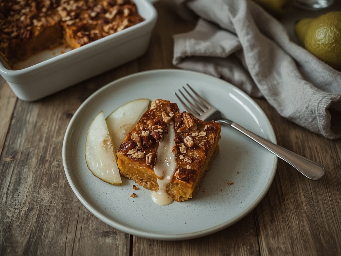 A square of pumpkin French toast casserole on a white plate, orange custard layers visible, oat-pecan crumb on top, sliced pears alongside
